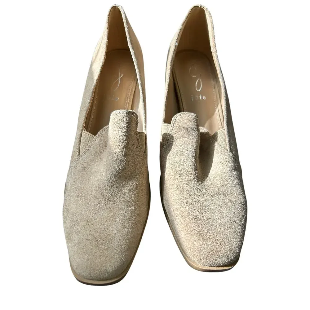 Joie‎ Wevenly Suede Block Heel Loafers Tan Minimalist Square Toe Slip-On Shoes